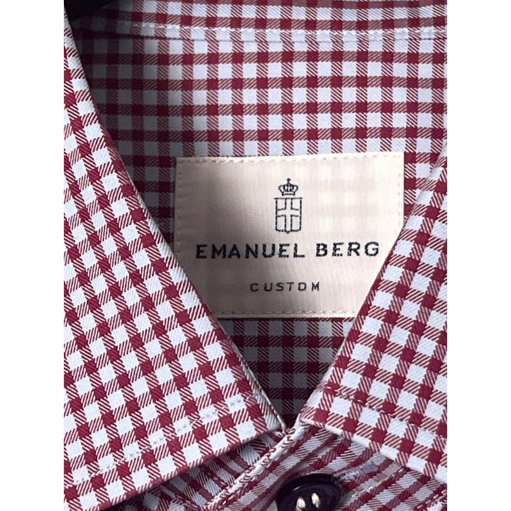 Emanuel Berg Button Front Shirt Mens 17 Neck Burgundy‎ White Gingham Monogrammed